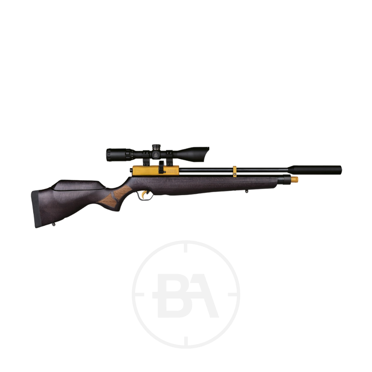 Cometa Orion Gold PCP Air Rifle 1 The Cometa Orion Gold PCP Air Rifle, shown in black and brown with a mounted scope and suppressor, is displayed on a white background featuring a subtle circular watermark.