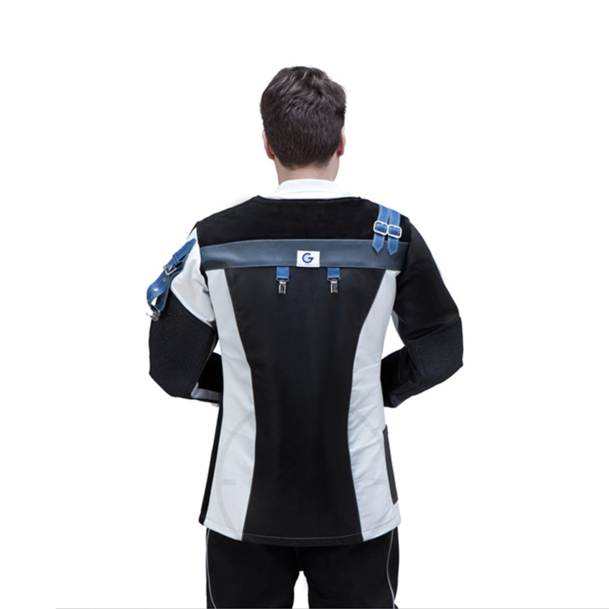 Gehmann Leather & Canvas Comfort Jacket 3 A person is shown from the back against a plain white background wearing the Gehmann Leather & Canvas Comfort Jacket in black, white, and blue.