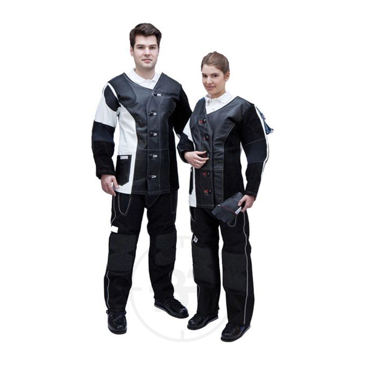 Gehmann Leather & Canvas Comfort Jacket 1 Two people stand side by side against a plain white background, both wearing matching black and white Gehmann Leather & Canvas Comfort Jackets and pants.