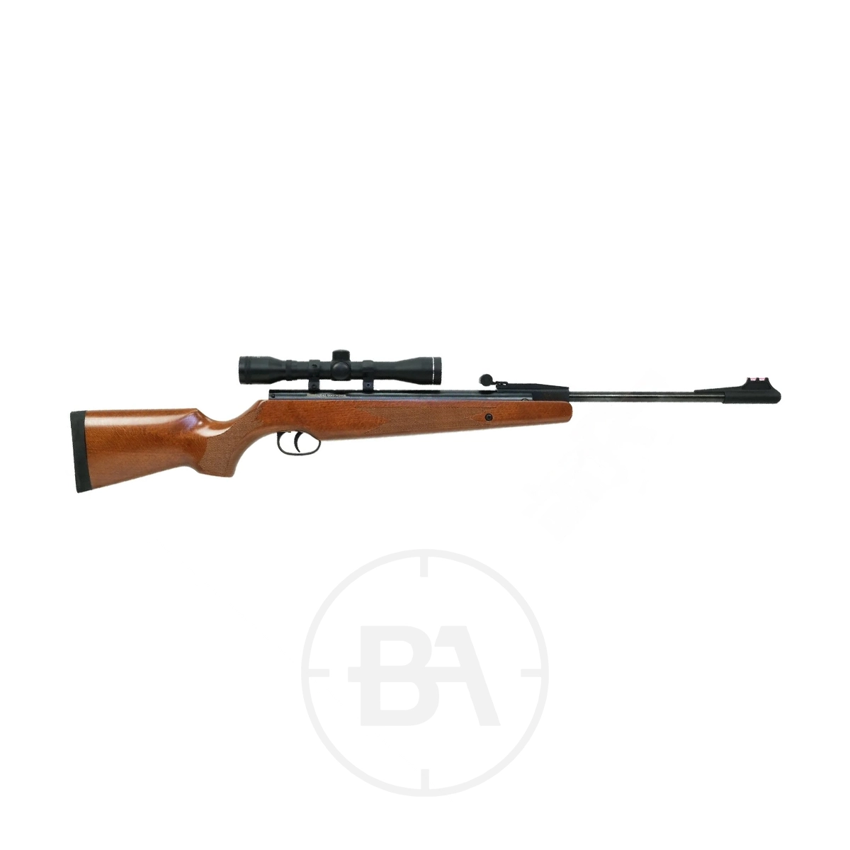 Remington Express Compact Spring Air Rifle With Scope 1 A Remington Express Compact Spring Air Rifle With Scope, featuring a classic wooden stock, is shown in a side view against a white background.
