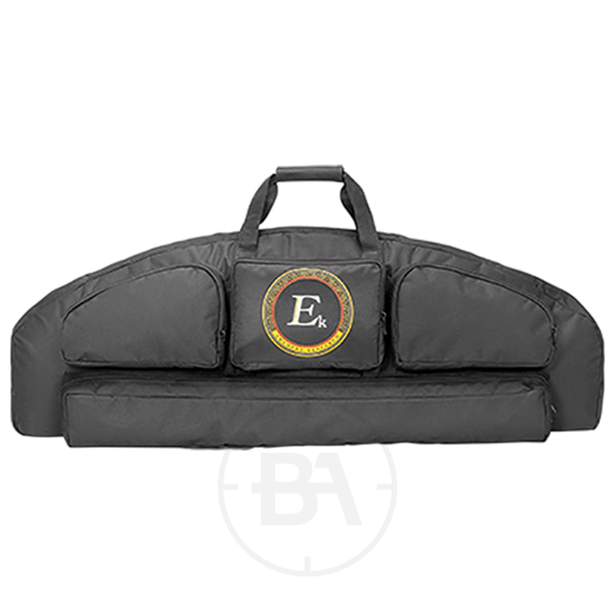 EK Archery Compound Bow Case 1 The Ek Archery Compound Bow Case is a black padded case with three exterior zippered pockets and a circular logo featuring "E k" in the center.