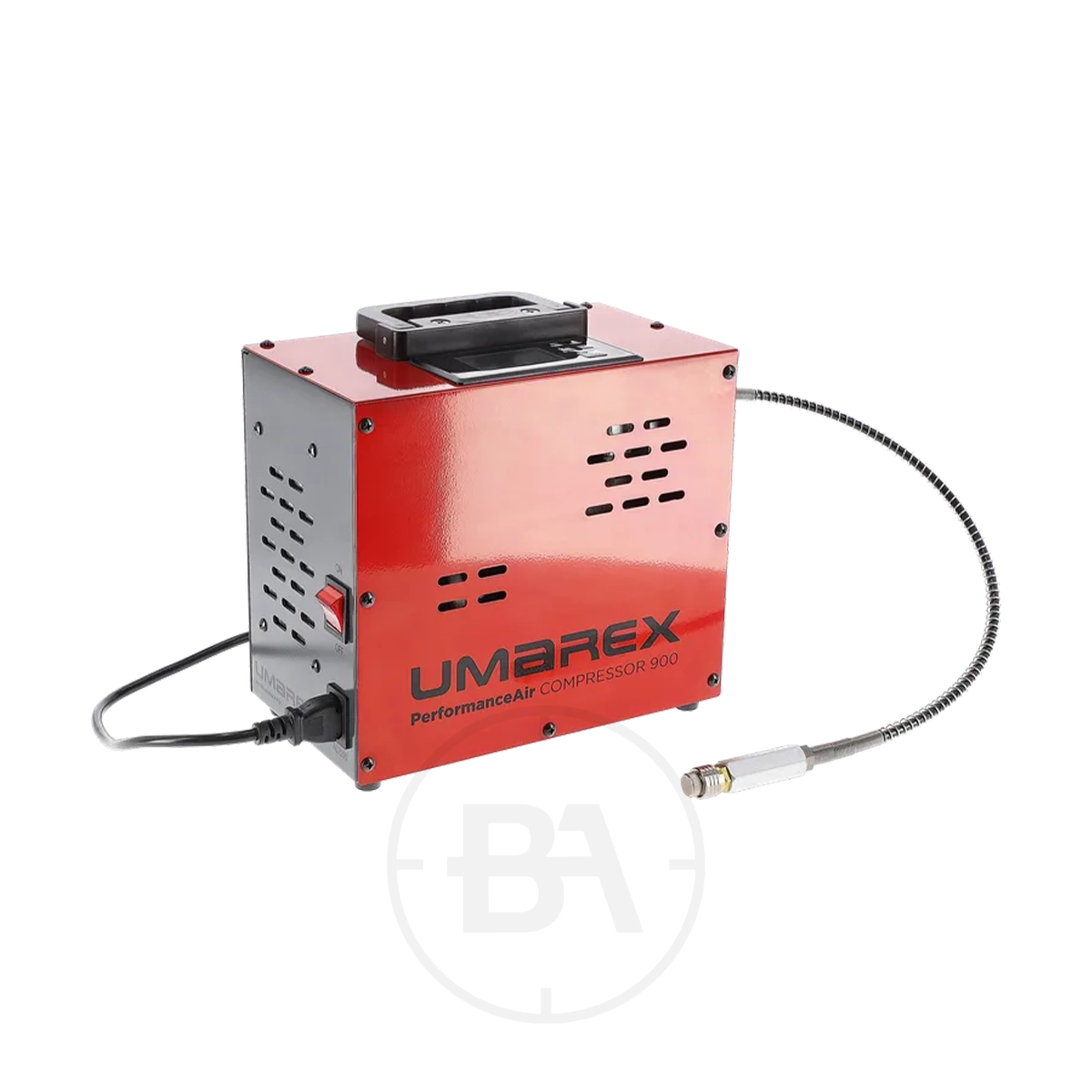 Umarex PAC 900 PerformanceAir Compressor 1 A red and black Umarex PAC 900 PerformanceAir Compressor featuring a vented metal casing, top carrying handle, side flexible hose, and power lead.