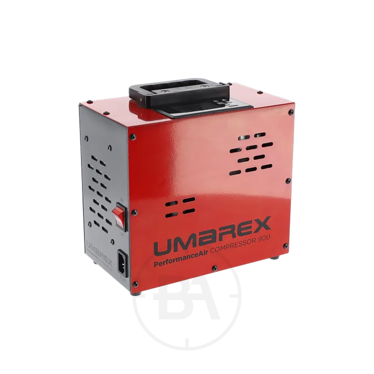 Umarex PAC 900 PerformanceAir Compressor 2 The Umarex PAC 900 Performance Air Compressor features a red and black design, carrying handle on top, side ventilation holes, and a power switch near the bottom left.