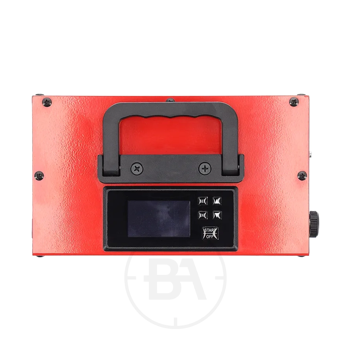 Umarex PAC 900 PerformanceAir Compressor 3 A red rectangular device, the Umarex PAC 900 PerformanceAir Compressor has a black top handle, display screen, multiple buttons, and a side dial, as seen from above.