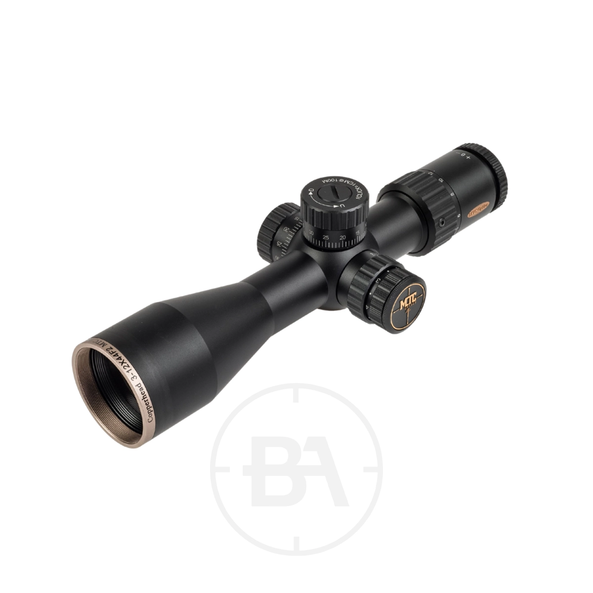 MTC Optics Copperhead F2 3-12 x 44 Scope 1 The MTC Optics Copperhead F2 3-12 x 44 Scope, shown in black with adjustment dials and a large objective lens, is displayed at an angle against a plain white background.