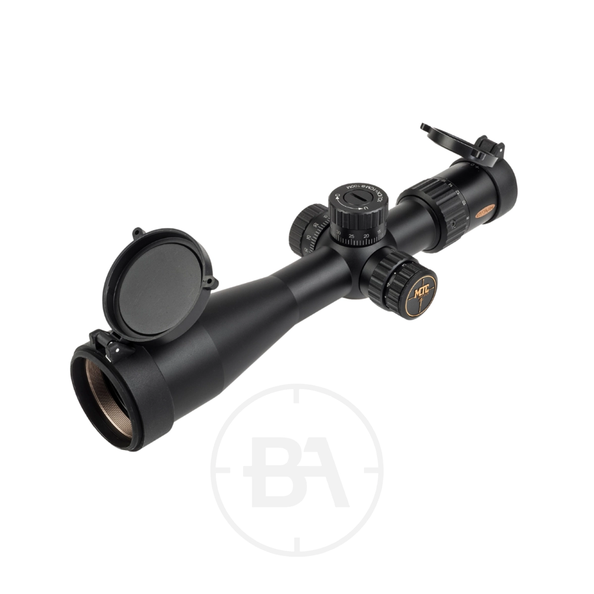 MTC Optics Copperhead F2 4-16 x 44 Scope 1 The MTC Optics Copperhead F2 4-16 x 44 Scope in matte black features adjustment dials, flip-up lens covers, and visible branding, displayed against a white background.