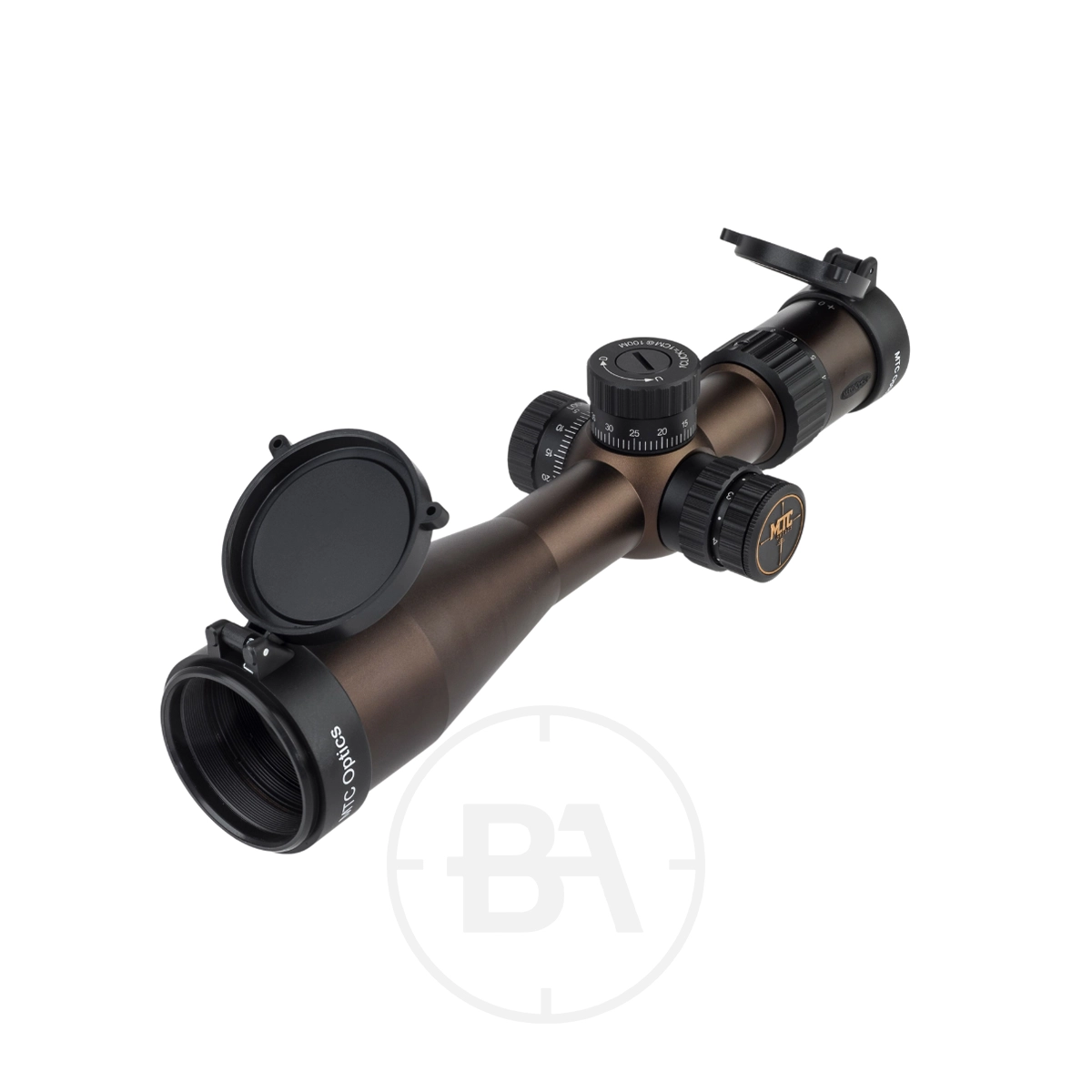MTC Optics Copperhead F2 4-16 x 44 Scope 3 The MTC Optics Copperhead F2 4-16 x 44 Scope features flip-up lens covers, adjustment knobs, and a matte bronze finish, shown against a white background.