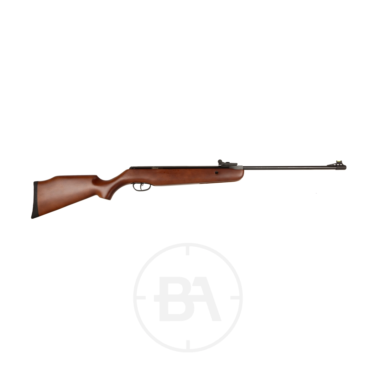Crosman Copperhead Spring Air Rifle 1 A side view of a Crosman Copperhead Spring Air Rifle with a wooden stock and iron sights, set against a plain white background.