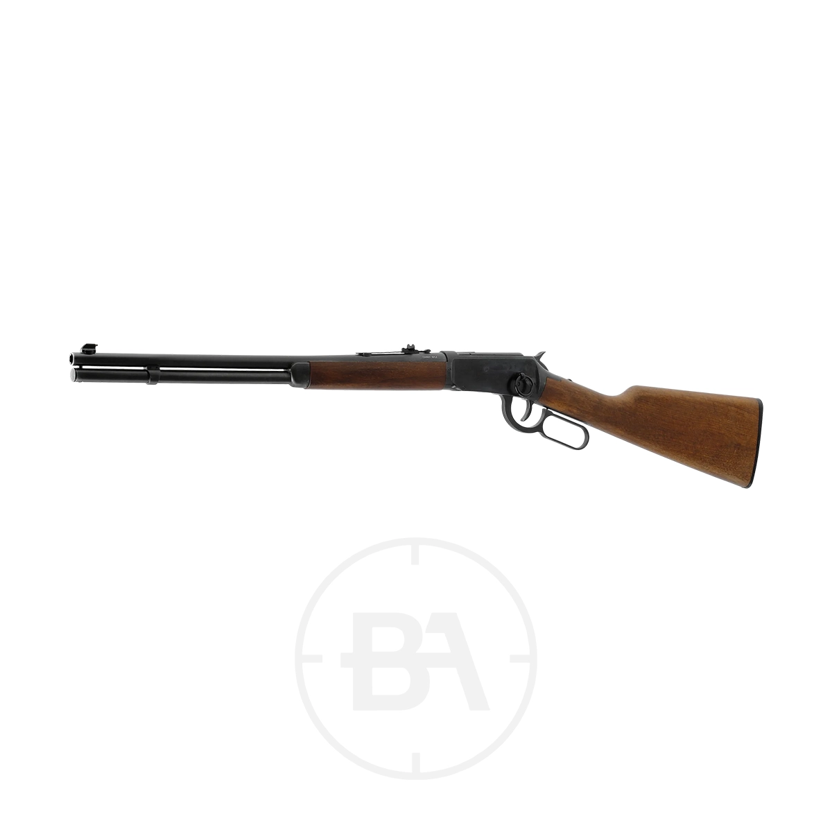 Umarex Legends Cowboy CO2 BB Air Rifle 3 The Umarex Legends Cowboy CO2 BB Air Rifle, featuring a wooden stock and forearm, metal barrel, and lever action, is shown against a plain white background.