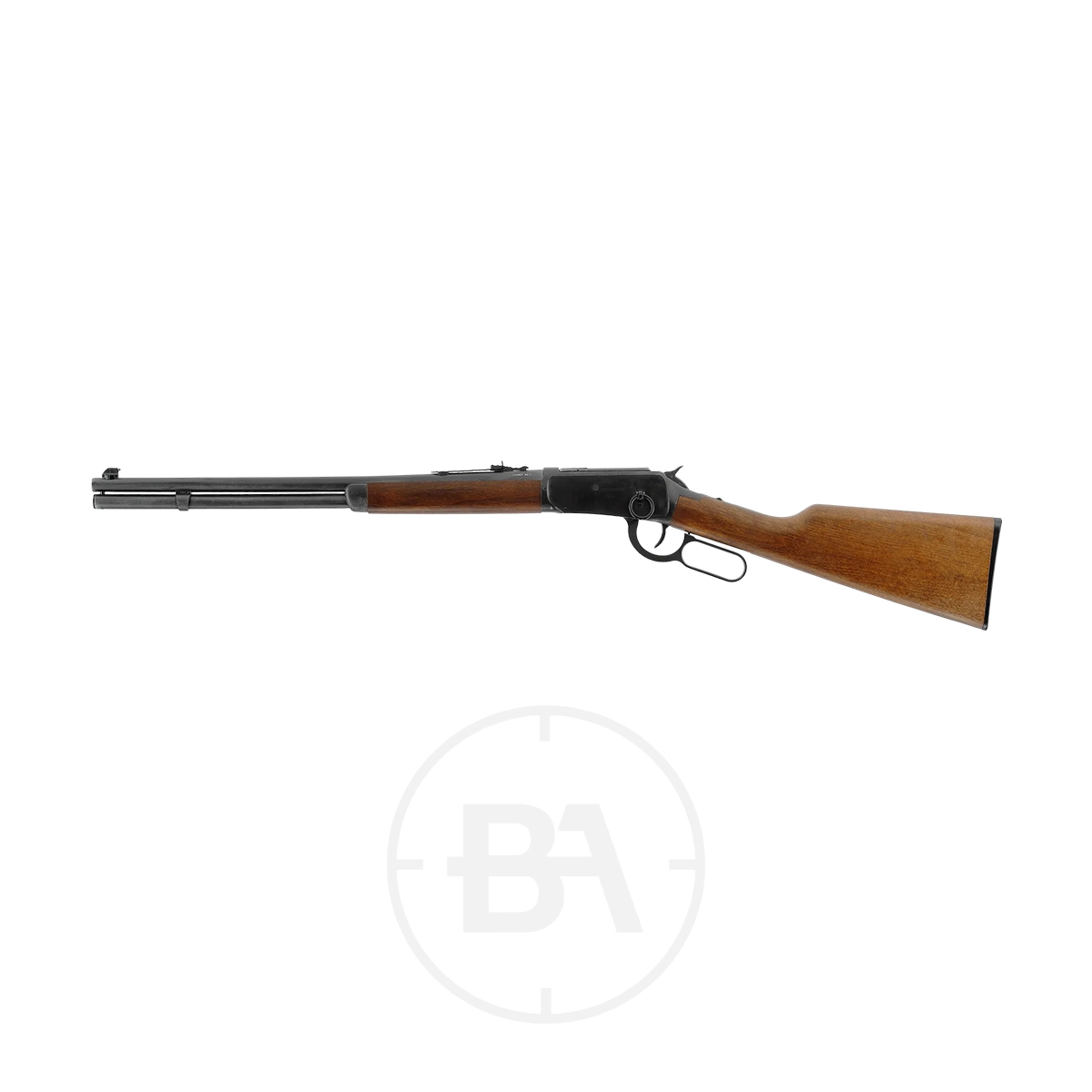 Umarex Legends Cowboy CO2 BB Air Rifle 5 The Umarex Legends Cowboy CO2 BB Air Rifle features classic lever-action style, a wooden stock and forearm, metal barrel, and lever loop under the trigger guard, shown against a white background.
