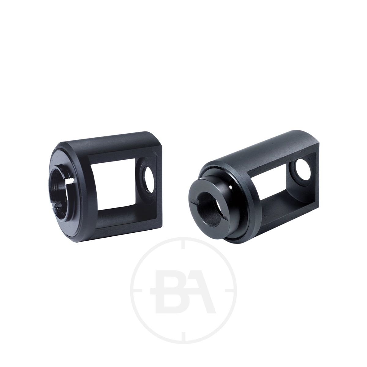 Gehmann 597A & 597B Cradles 1 Two black cylindrical metal Gehmann 597A & 597B Cradles with open rectangular sides and circular holes, shown from multiple angles on a white background.