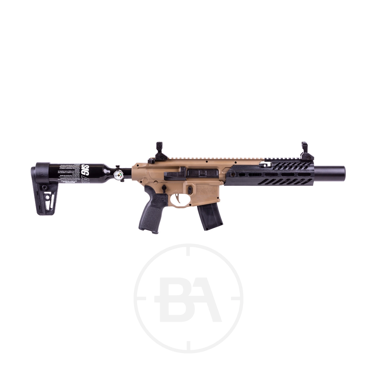 Sig Sauer MCX Rattler Canebrake PCP Air Rifle 1 The Sig Sauer MCX Rattler Canebrake PCP Air Rifle, in tan and black, features a short barrel and rail system with a mounted CO2 tank, elegantly displayed against a plain white background.