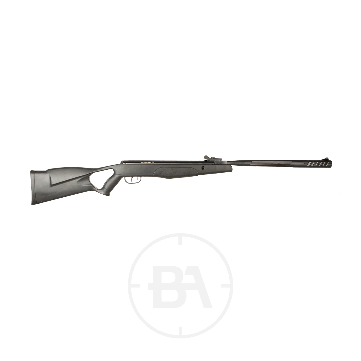 Crosman F4 Spring Air Rifle 1 The Crosman F4 Spring Air Rifle features a black synthetic thumbhole stock and a ventilated barrel, shown against a white background.