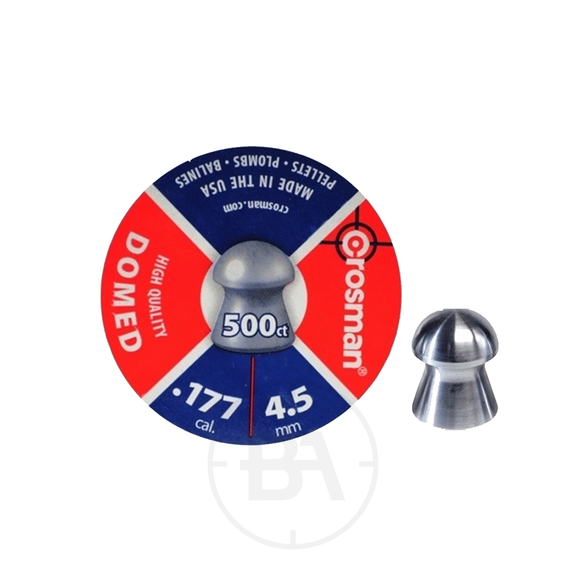 Crosman High Quality Domed .177 , 7.9gr (500) 1 A tin of Crosman High Quality Domed .177, 7.9gr (500) pellets is shown with one pellet placed beside the tin.