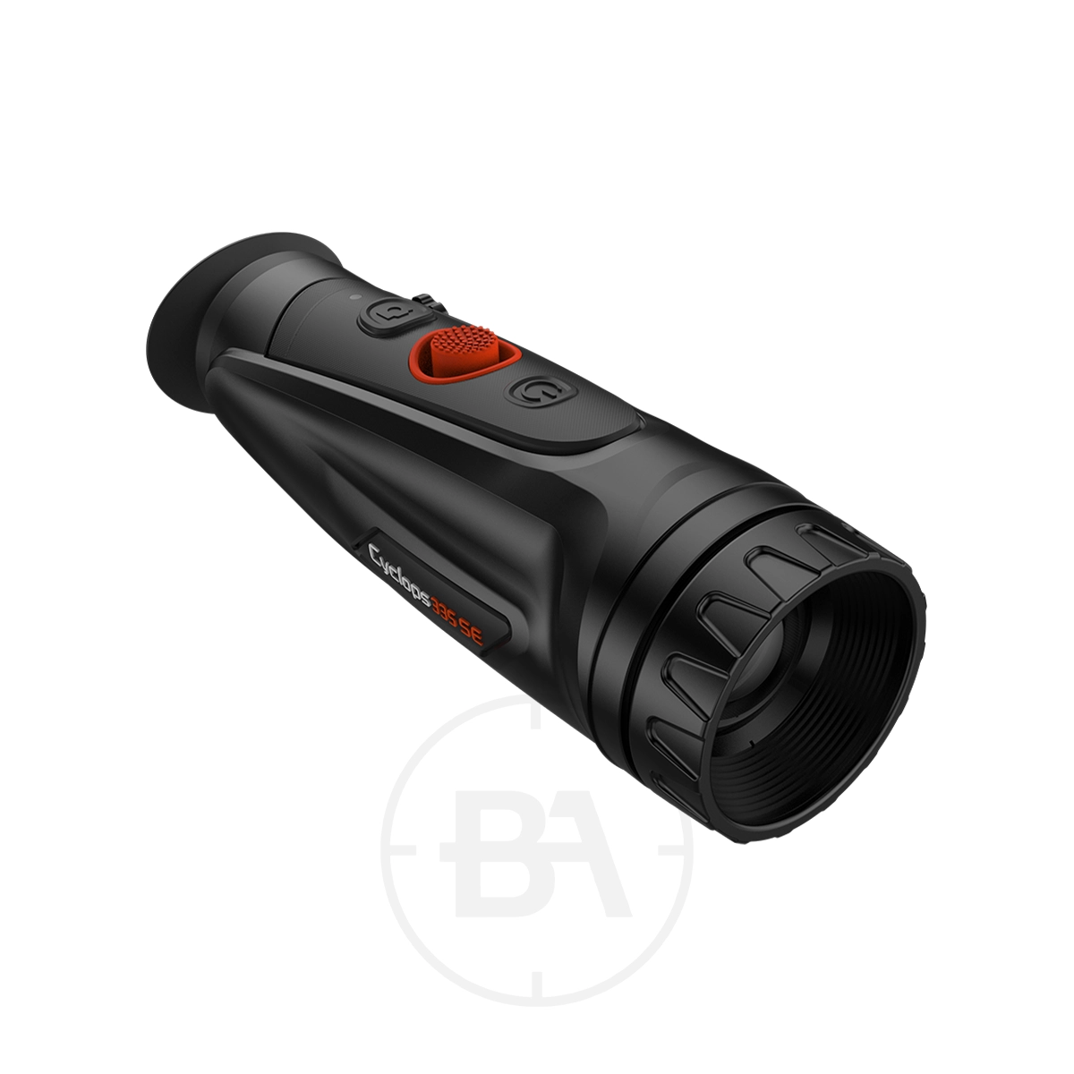 ThermTec Cyclops 335 SE Thermal lmaging Monocular 3 The ThermTec Cyclops 335 SE Thermal Imaging Monocular, featuring control buttons and a textured grip, is shown angled on a white background.
