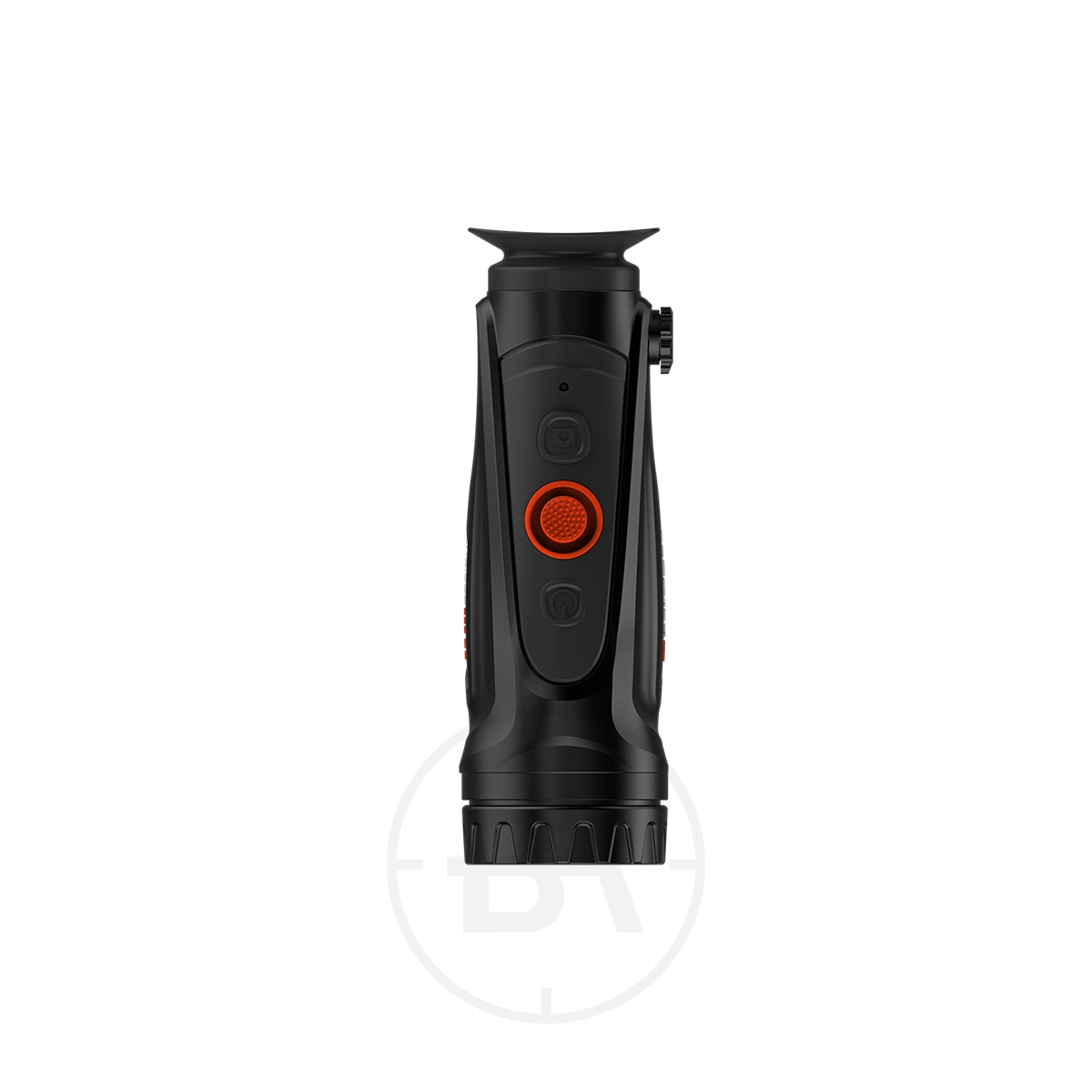 ThermTec Cyclops 335 SE Thermal lmaging Monocular 5 ThermTec Cyclops 335 SE Thermal Imaging Monocular in black with orange buttons, front view on a white background.