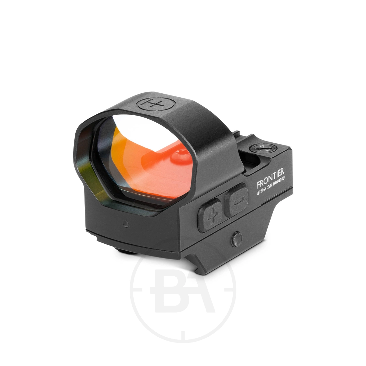 Hawke Frontier Red Dot DPP Reflex Sight With Picatinny / Weaver Mounts 1 The Hawke Frontier Red Dot DPP Reflex Sight, shown on a white background, features an amber-tinted lens, right-side control buttons, and is designed for Picatinny/Weaver mounts.