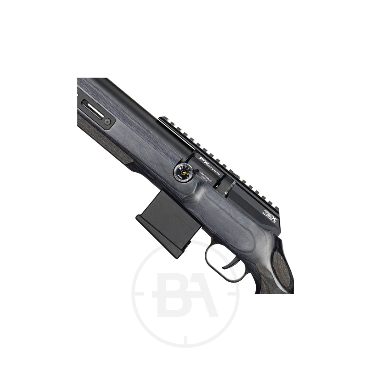FX Airguns DRS MKII Classic PCP Air Rifle 7 Close-up of an FX Airguns DRS MKII Classic PCP Air Rifle, highlighting the receiver, magazine, and trigger area with a black and grey stock, shown against a white background.