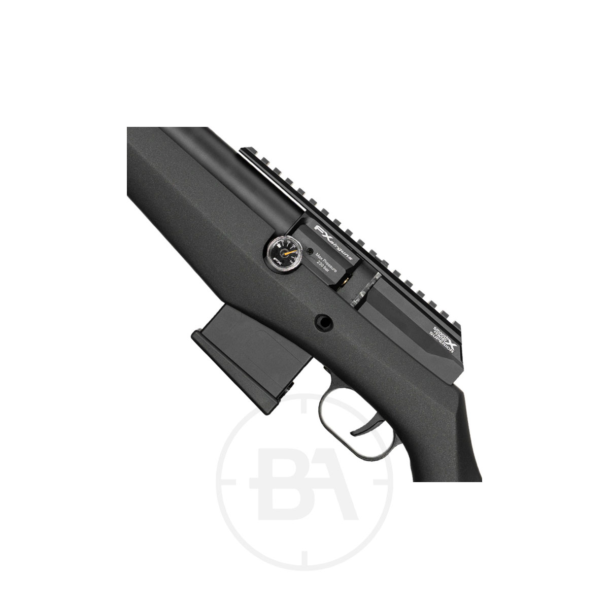 FX Airguns DRS MKII Classic PCP Air Rifle 3 Close-up view of the receiver and trigger area of the black FX Airguns DRS MKII Classic PCP Air Rifle, featuring a mounted rail, magazine, safety catch, and side pressure gauge.