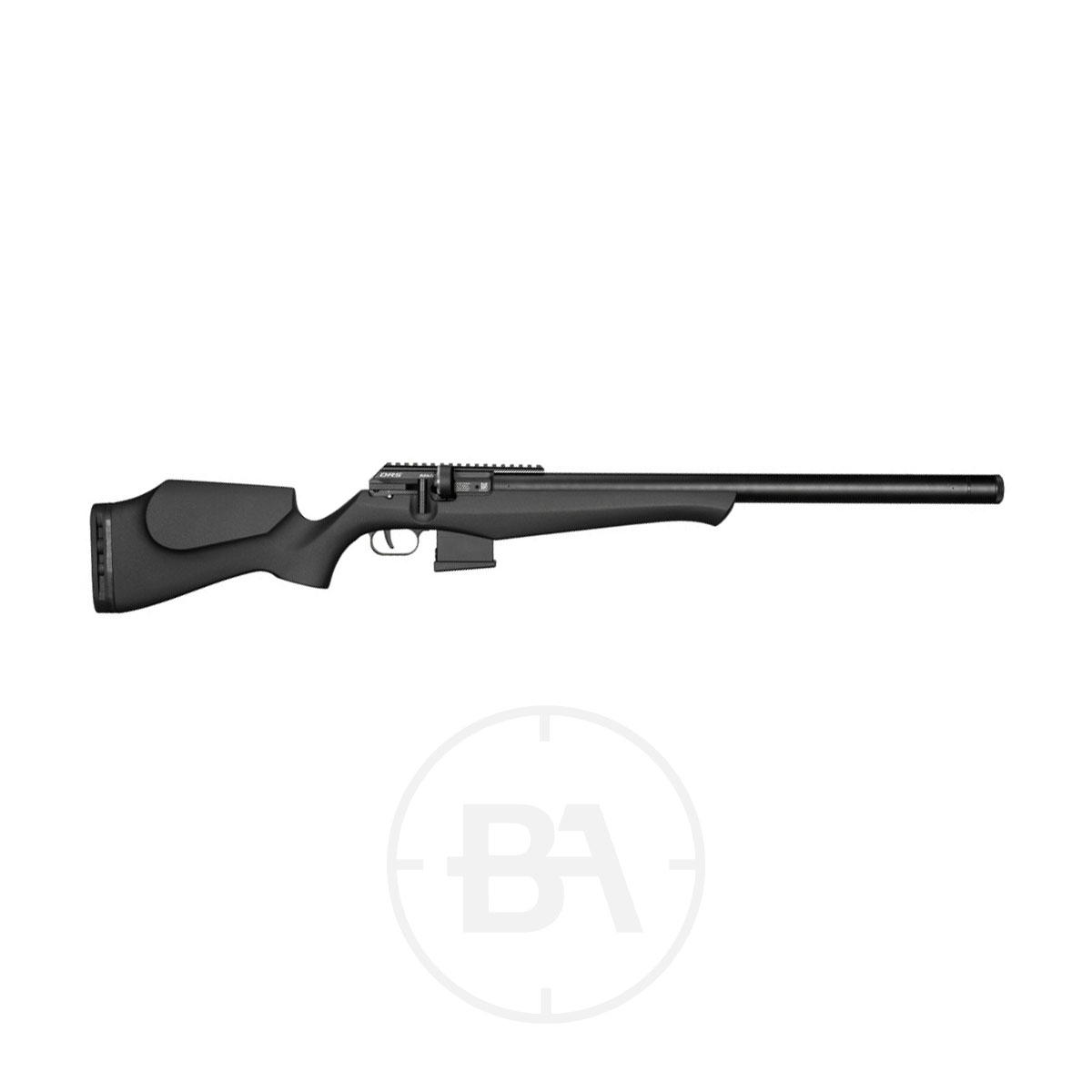FX Airguns DRS MKII Classic PCP Air Rifle 1 A black FX Airguns bolt-action rifle with a synthetic stock, adjustable cheek rest, and a long barrel, viewed from the side on a white background.