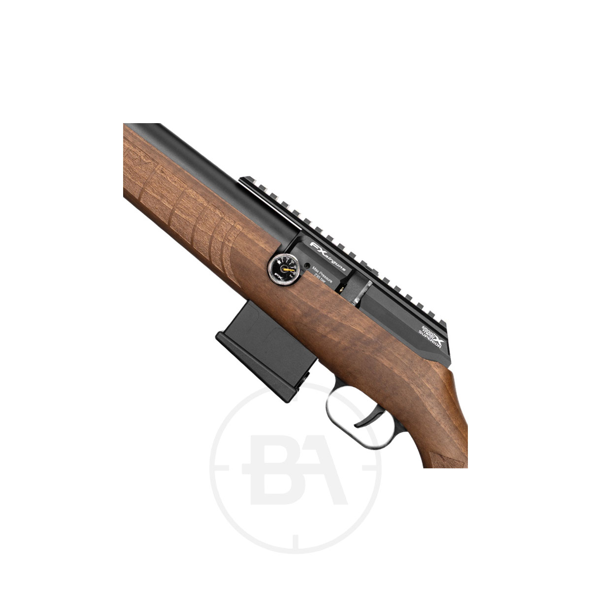 FX Airguns DRS MKII Classic PCP Air Rifle 5 Close-up of the FX Airguns DRS MKII Classic PCP Air Rifle with a wooden stock, visible trigger, black magazine, and accessory rail, shown against a plain white background.