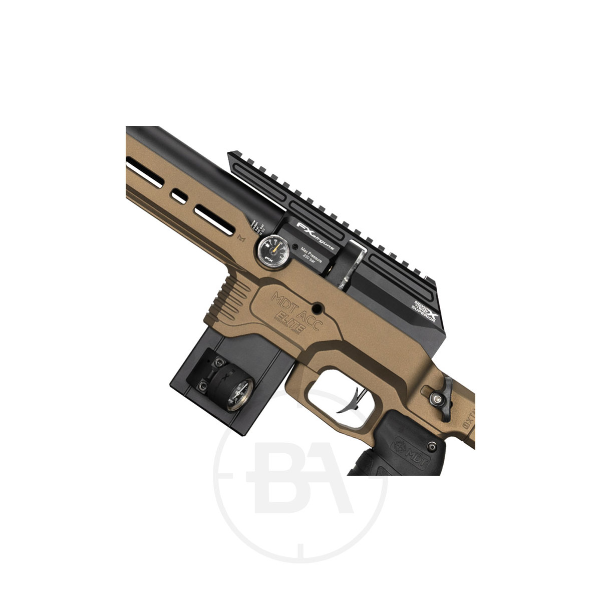 FX Airguns DRS MKII Pro MDT PCP Air Rifle 3 Close-up view of the tan and black FX Airguns DRS MKII Pro MDT PCP Air Rifle chassis, showcasing the trigger, gauge, magazine, and barrel section with emphasis on its precise mechanical details.