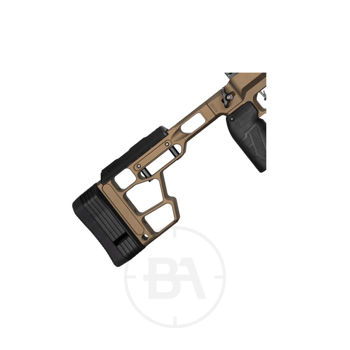 FX Airguns DRS MKII Pro MDT PCP Air Rifle 4 Close-up of the tan and black FX Airguns DRS MKII Pro MDT PCP air rifle stock, featuring an adjustable cheek rest and butt pad. Shows part of the grip and frame against a white background with a faint "BA" watermark.
