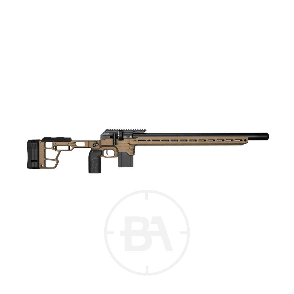 FX Airguns DRS MKII Pro MDT PCP Air Rifle 1 The FX Airguns DRS MKII Pro MDT PCP Air Rifle features a tan chassis, black adjustable stock, grip, and barrel with a top rail and muzzle moderator. Modelled after the DRS MKII Pro, it's shown on a white background.