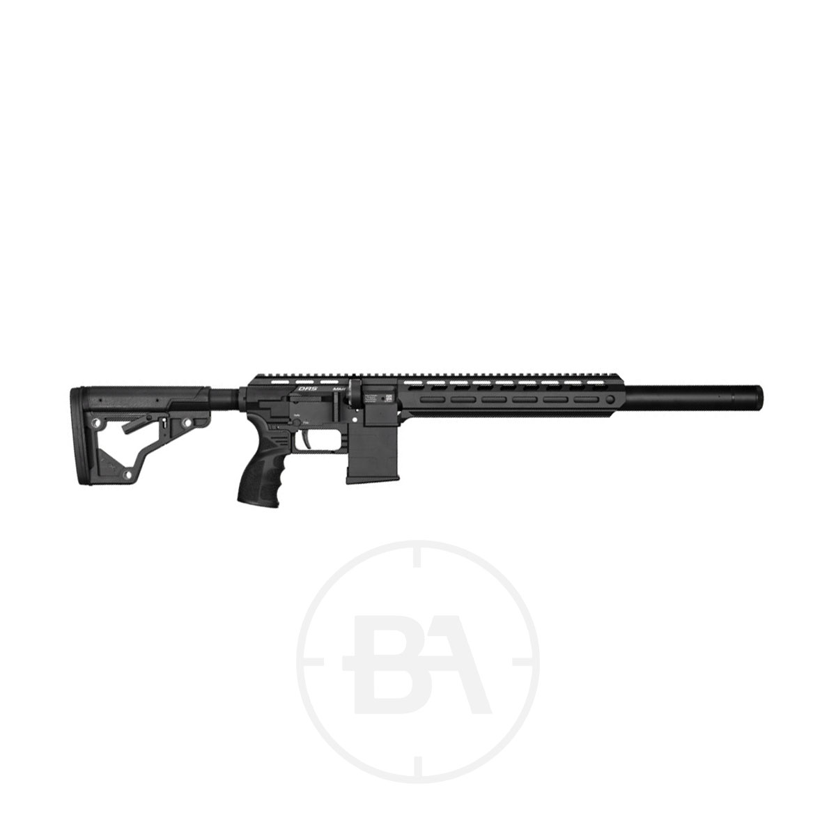 FX Airguns DRS MKII Tactical PCP Air Rifle 1 A black semi-automatic PCP air rifle with a long barrel, adjustable stock, pistol grip, and a rail system on top, displayed on a white background.