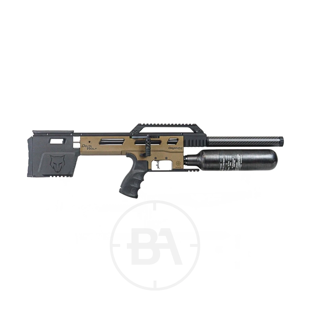 Daystate Delta Wolf Bronze Edition PCP Air Rifle 1 Side view of the Daystate Delta Wolf Bronze Edition PCP Air Rifle, shown in a black and bronze finish with a tactical stock, pistol grip, and attached air cylinder.