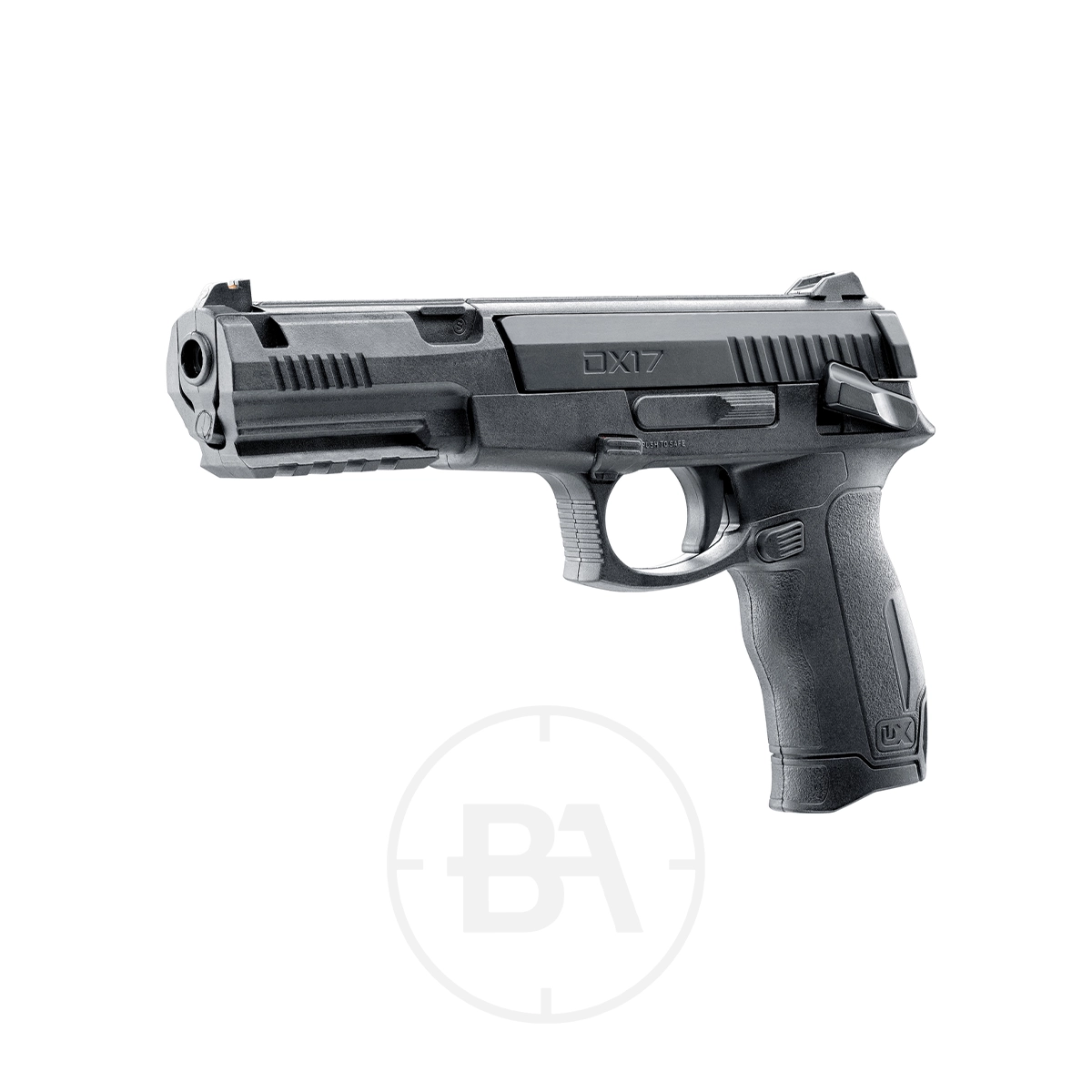 Umarex DX17 Dual Ammo Spring Pistol 3 A black Umarex DX17 Dual Ammo Spring Pistol is displayed against a white background, positioned to show the grip, trigger, and barrel.