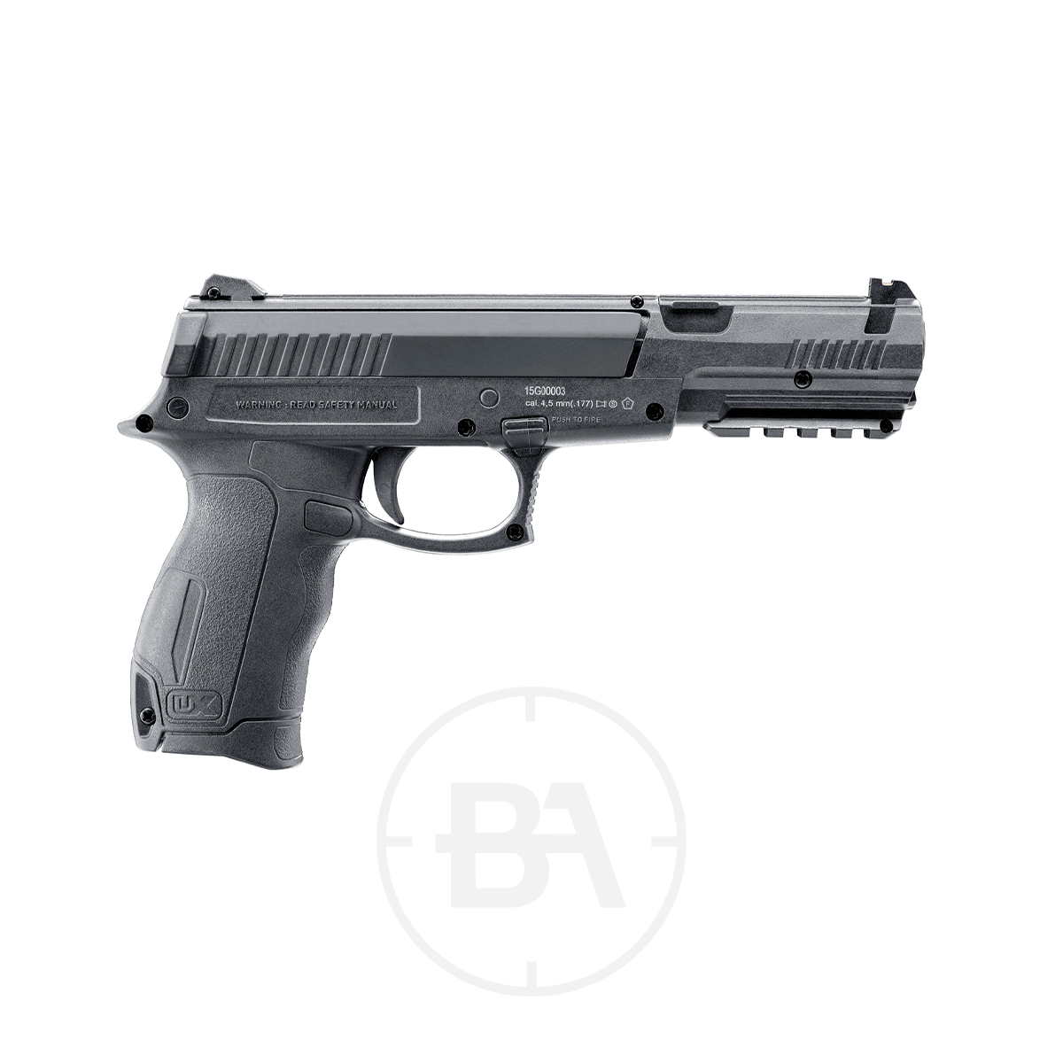 Umarex DX17 Dual Ammo Spring Pistol 5 The Umarex DX17 Dual Ammo Spring Pistol, a black semi-automatic with textured grip, trigger guard, and accessory rail, is displayed on a white background.