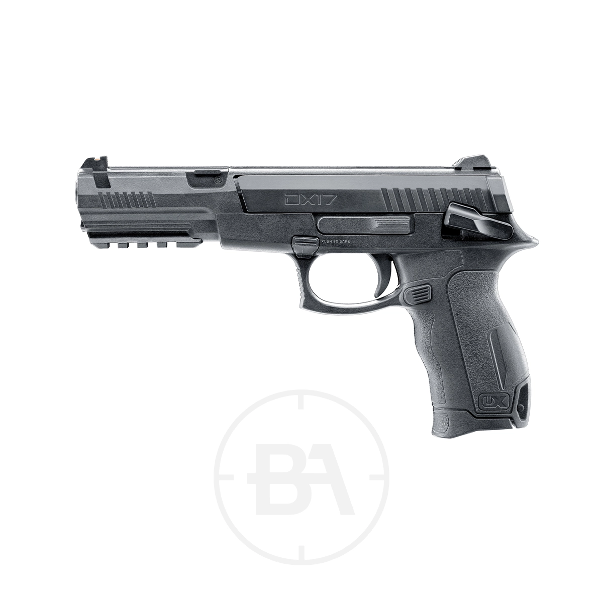 Umarex DX17 Dual Ammo Spring Pistol 1 A black Umarex DX17 Dual Ammo Spring Pistol with textured grip and accessory rail, shown in profile on a plain white background.