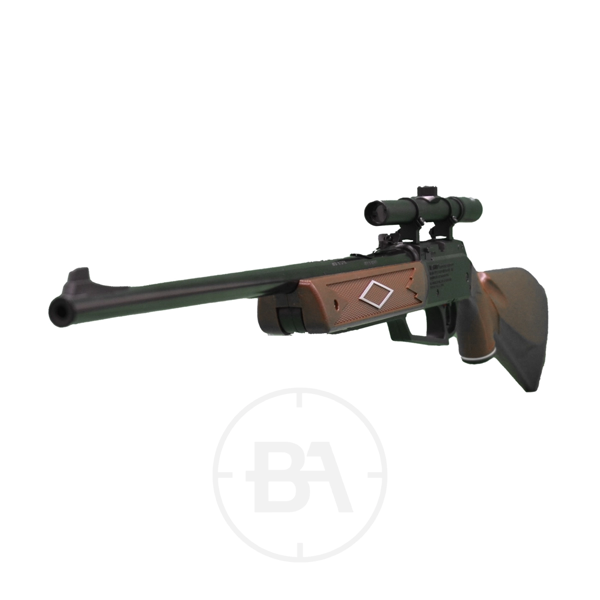 Daisy Powerline 880 Multi Pump Pnuematic BB Air Rifle With Scope 7 The Daisy Red 880 Powerline Spring Air Rifle with Scope is shown on a white background, featuring a brown stock and black barrel.