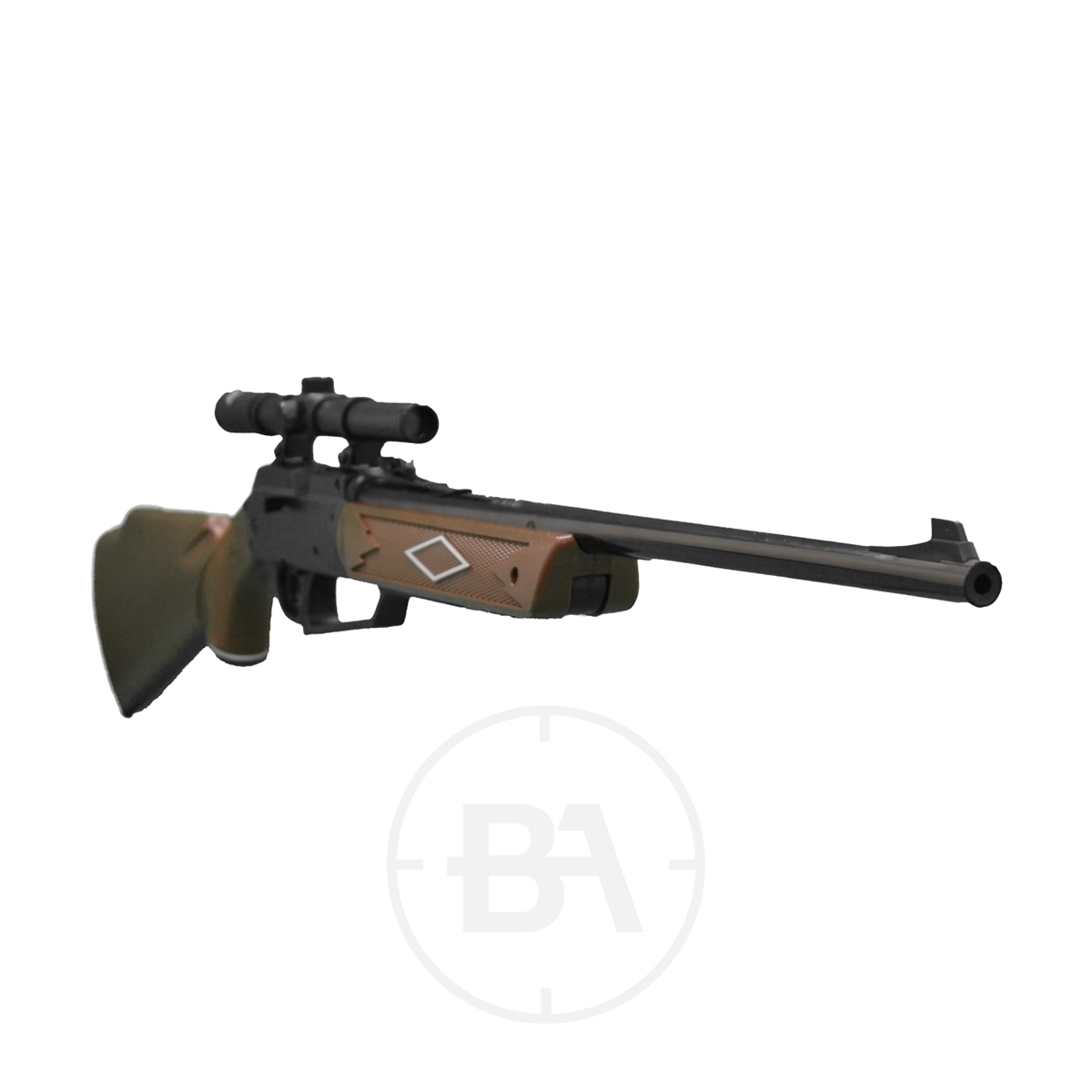Daisy Powerline 880 Multi Pump Pnuematic BB Air Rifle With Scope 3 The Daisy Red 880 Powerline Spring Air Rifle with Scope is a bolt-action hunting rifle featuring a brown and green stock and long black barrel, shown on a white background.