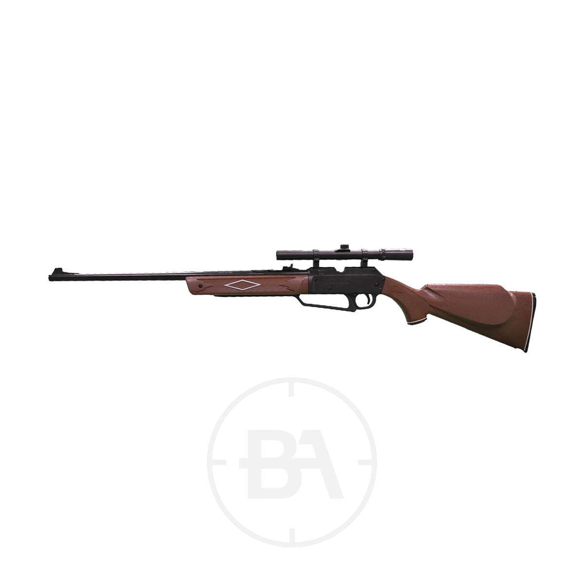 Daisy Powerline 880 Multi Pump Pnuematic BB Air Rifle With Scope 5 A Daisy Red 880 Powerline Spring Air Rifle With Scope is displayed on a plain white background.