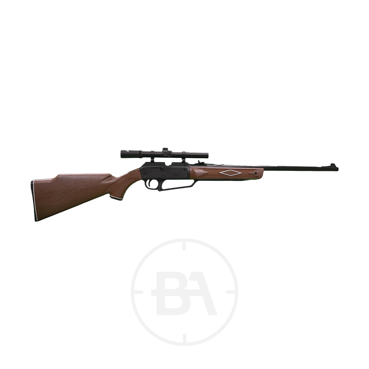 Daisy Powerline 880 Multi Pump Pnuematic BB Air Rifle With Scope 1 The Daisy Red 880 Powerline Spring Air Rifle With Scope, featuring a wooden stock and bolt-action design, is displayed on a white background.