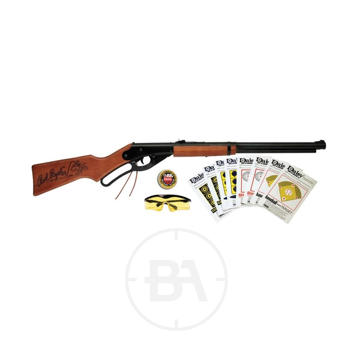Daisy Red Ryder Spring BB Air Rifle Kit 1 The Daisy Red Ryder Spring Air Rifle Kit, featuring a wooden-stock rifle, target sheets, yellow safety glasses, and a shooting badge, is displayed on a white background.