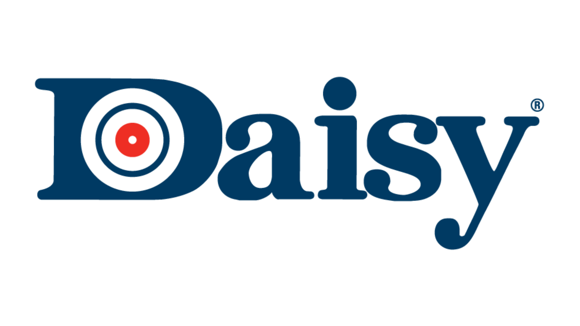 Daisy Red Ryder Spring BB Air Rifle Kit 2 The word "Daisy" in blue font, with the letter "D" stylized as a target featuring concentric circles and a red bullseye at the center.