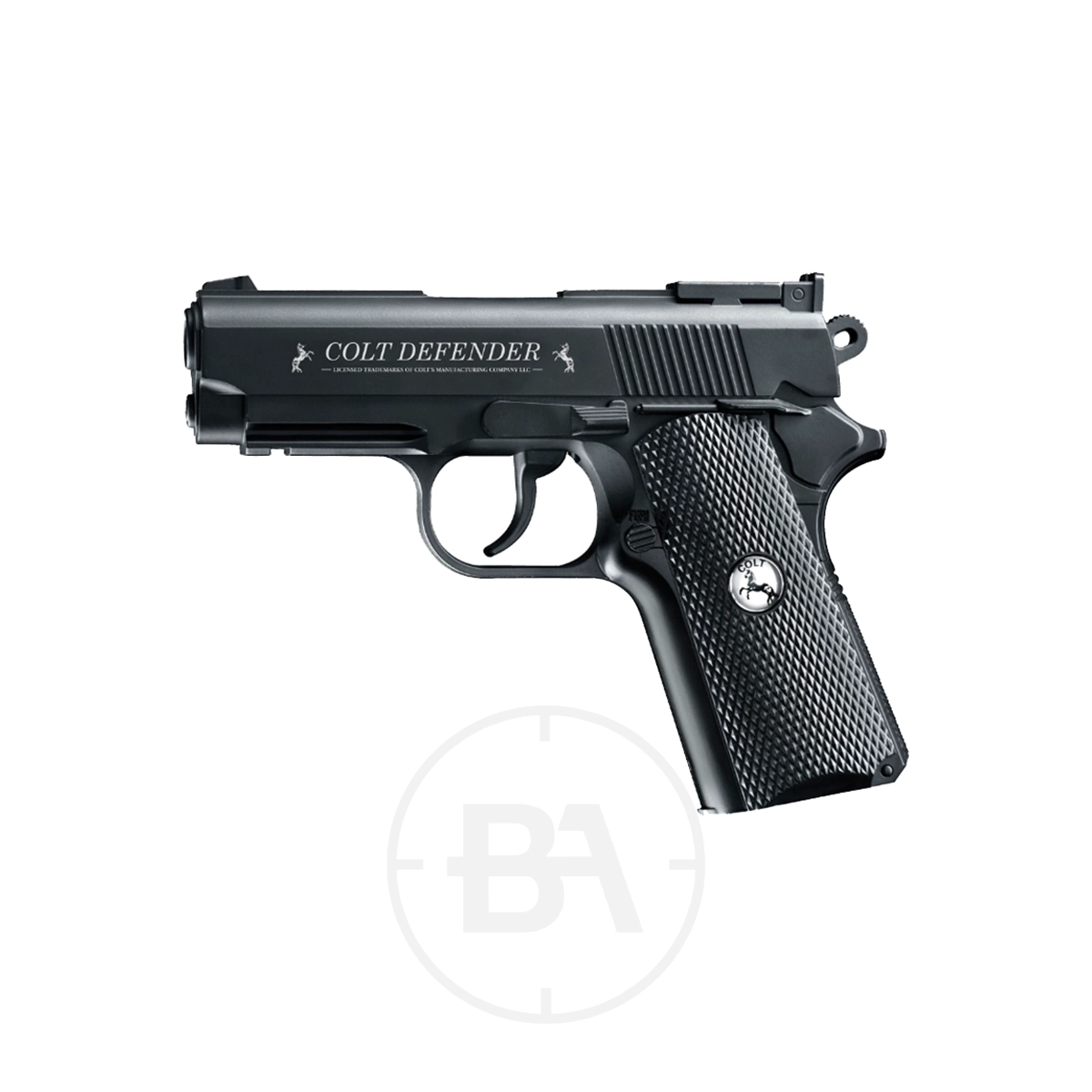 Colt Defender CO2 Pistol 1 A Colt Defender CO2 Pistol in black is displayed in a side profile view on a white background.