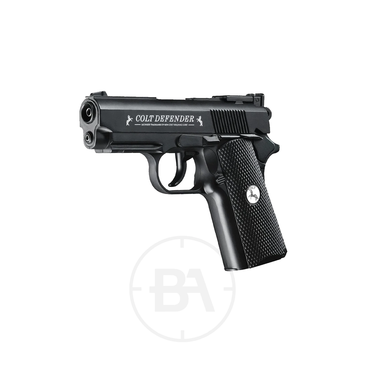 Colt Defender CO2 Pistol 5 A Colt Defender CO2 Pistol is shown at a slight angle on a white background, highlighting its realistic semi-automatic airgun design.