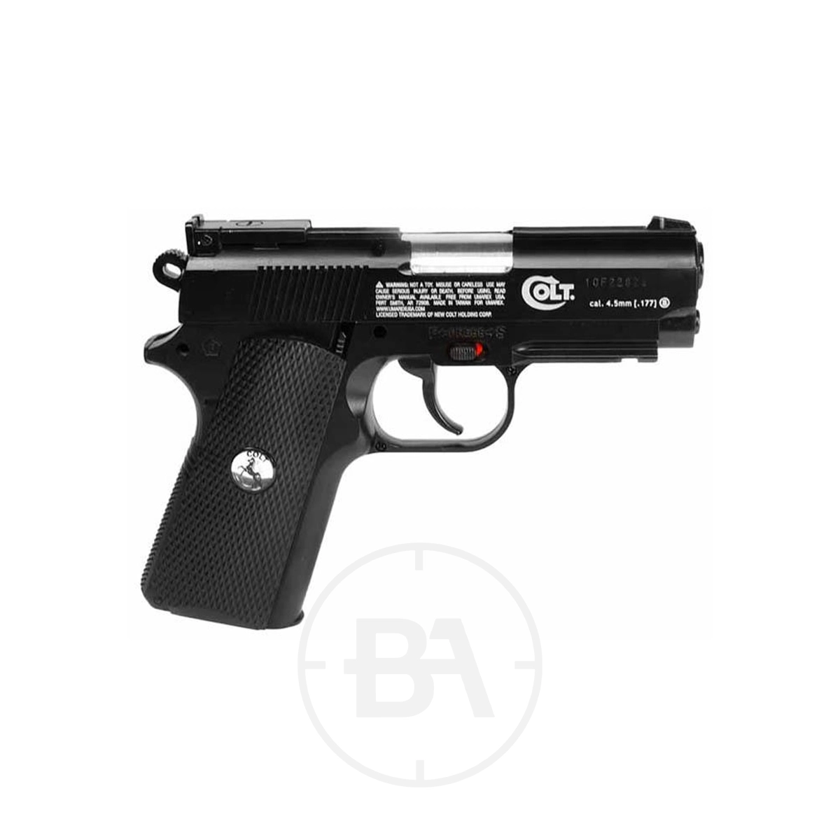 Colt Defender CO2 Pistol 7 The Colt Defender CO2 Pistol is shown in profile against a white background, featuring a black finish, textured grip, and a visible safety switch.