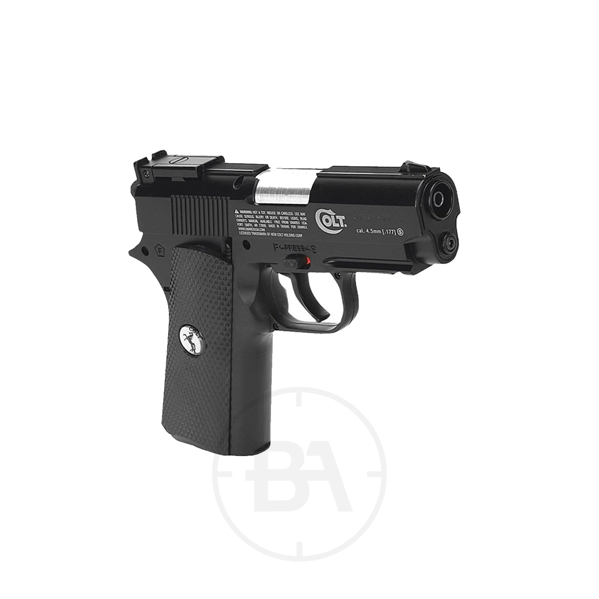 Colt Defender CO2 Pistol 3 The Colt Defender CO2 Pistol in black is displayed angled to the left against a plain white background.