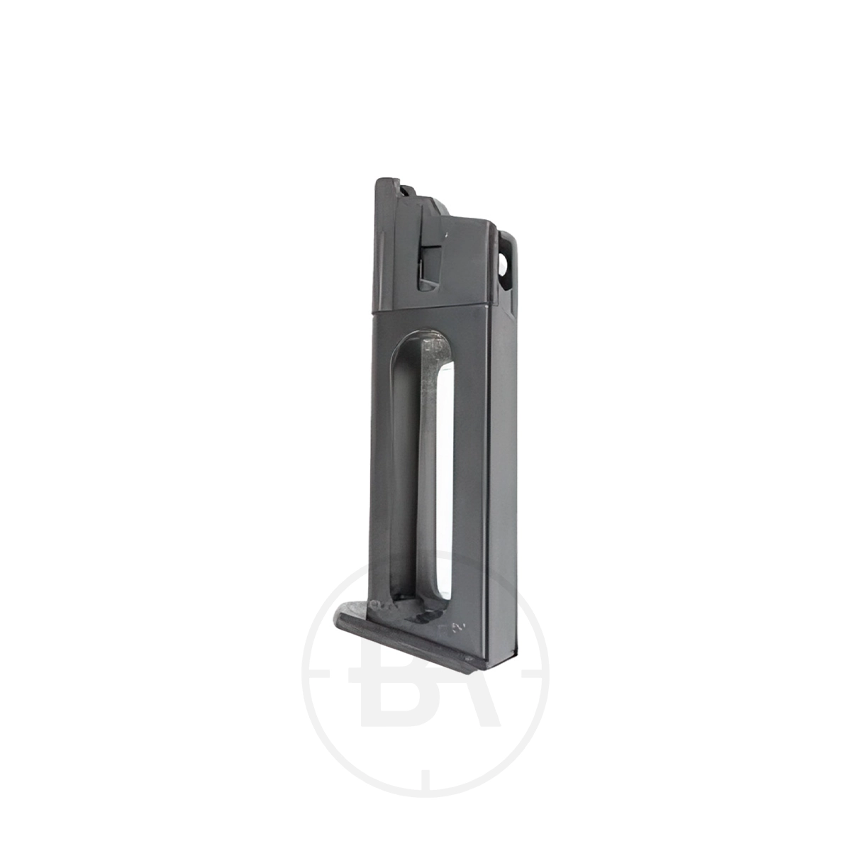 Desert Eagle .50AE 15 Round Spare Magazine 1 A black, rectangular airsoft gun magazine with a visible window along the side, standing upright on a white background.