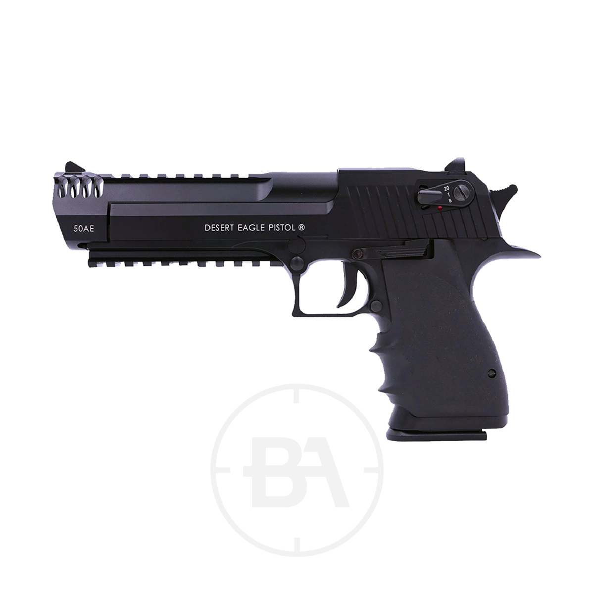 Desert Eagle .50AE CO2 BB Pistol 1 Side view of a black Desert Eagle L6 50AE - 4.5mm BB Pistol featuring a textured grip and visible slide markings, set against a plain white background.