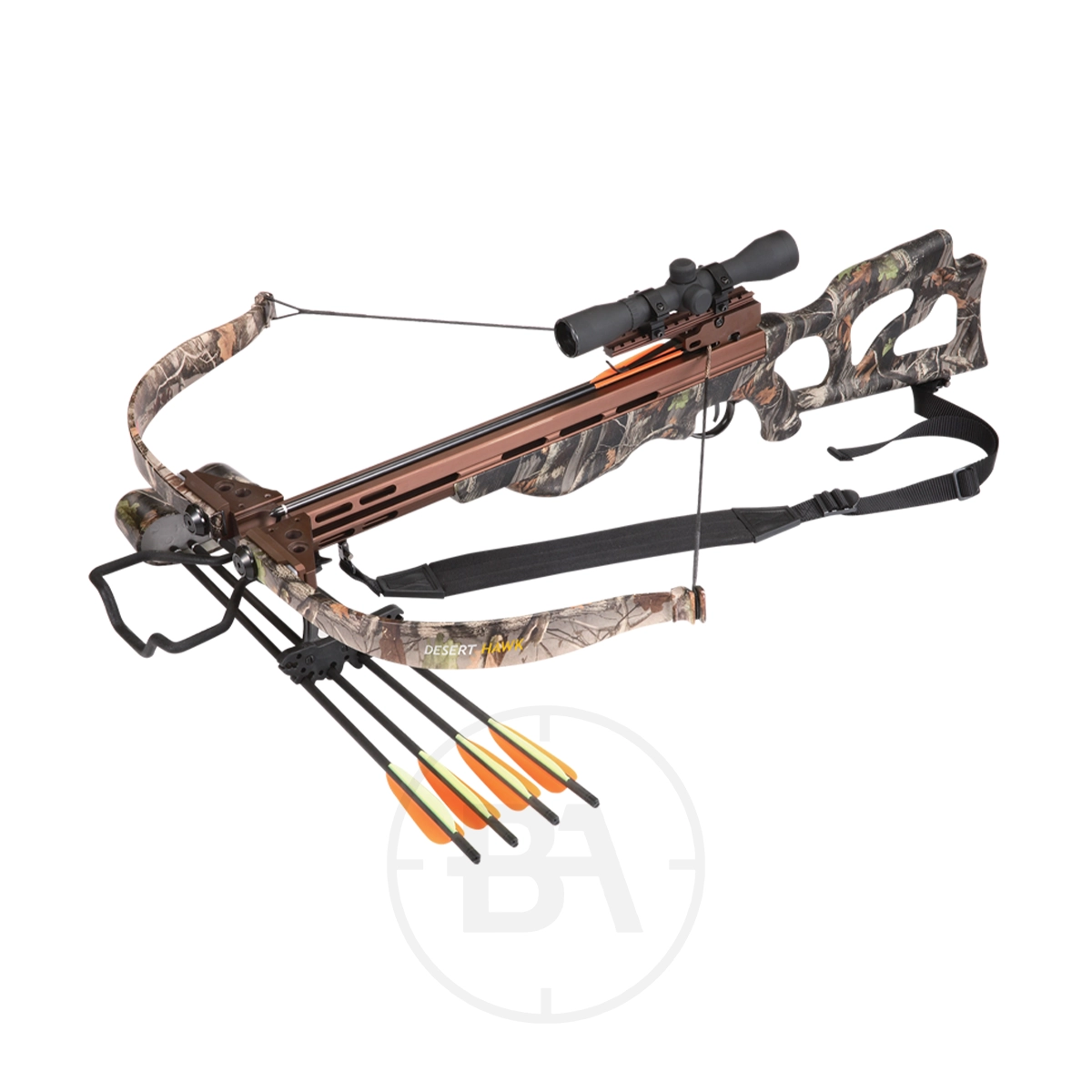 EK Archery Desert Hawk Camo Crossbow 225lb With Scope 1 The EK Archery Desert Hawk Recurve Crossbow Package With Scope features a camouflage design, mounted scope, shoulder strap, and three arrows secured underneath.