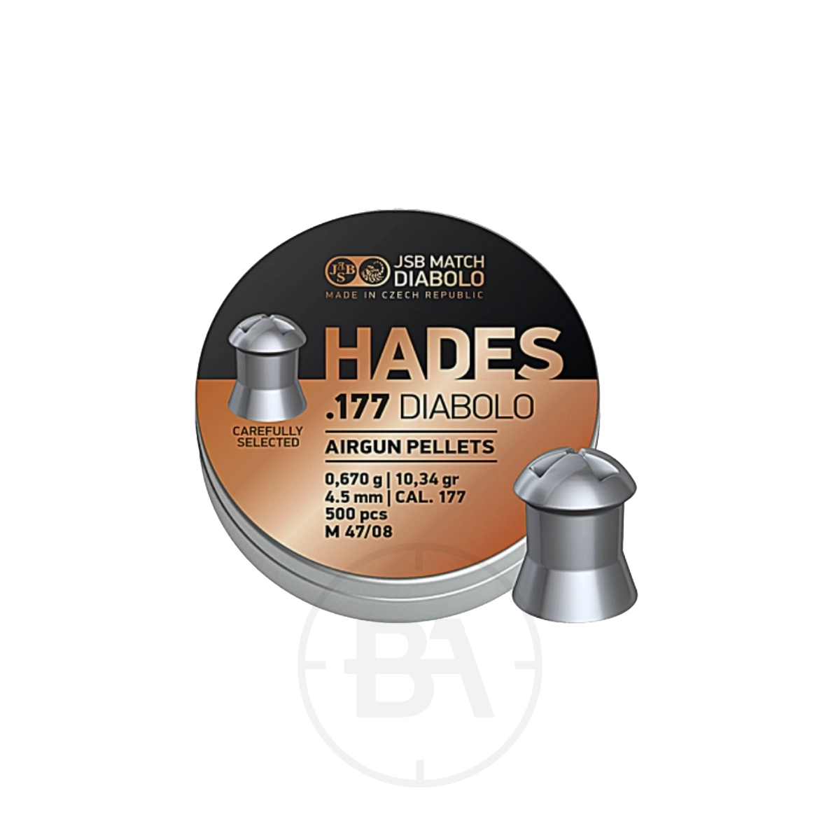 JSB Hades Diabolo .177 Pellet 10.34gr 4.5mm (x500) 1 A tin of JSB Hades Diabolo .177, 10.34 gr (500) with one pellet shown beside the tin.