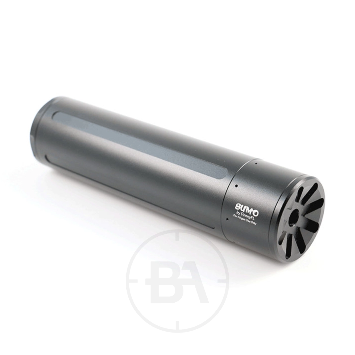 DonnyFL Sumo 1/2"x20 UNF Silencer 1 A cylindrical, matte black DonnyFL Sumo 1/2"x20 UNF Silencer with a minimalist design features subtle vertical panels and sleek lines, echoing the refined style of high-end audio equipment.