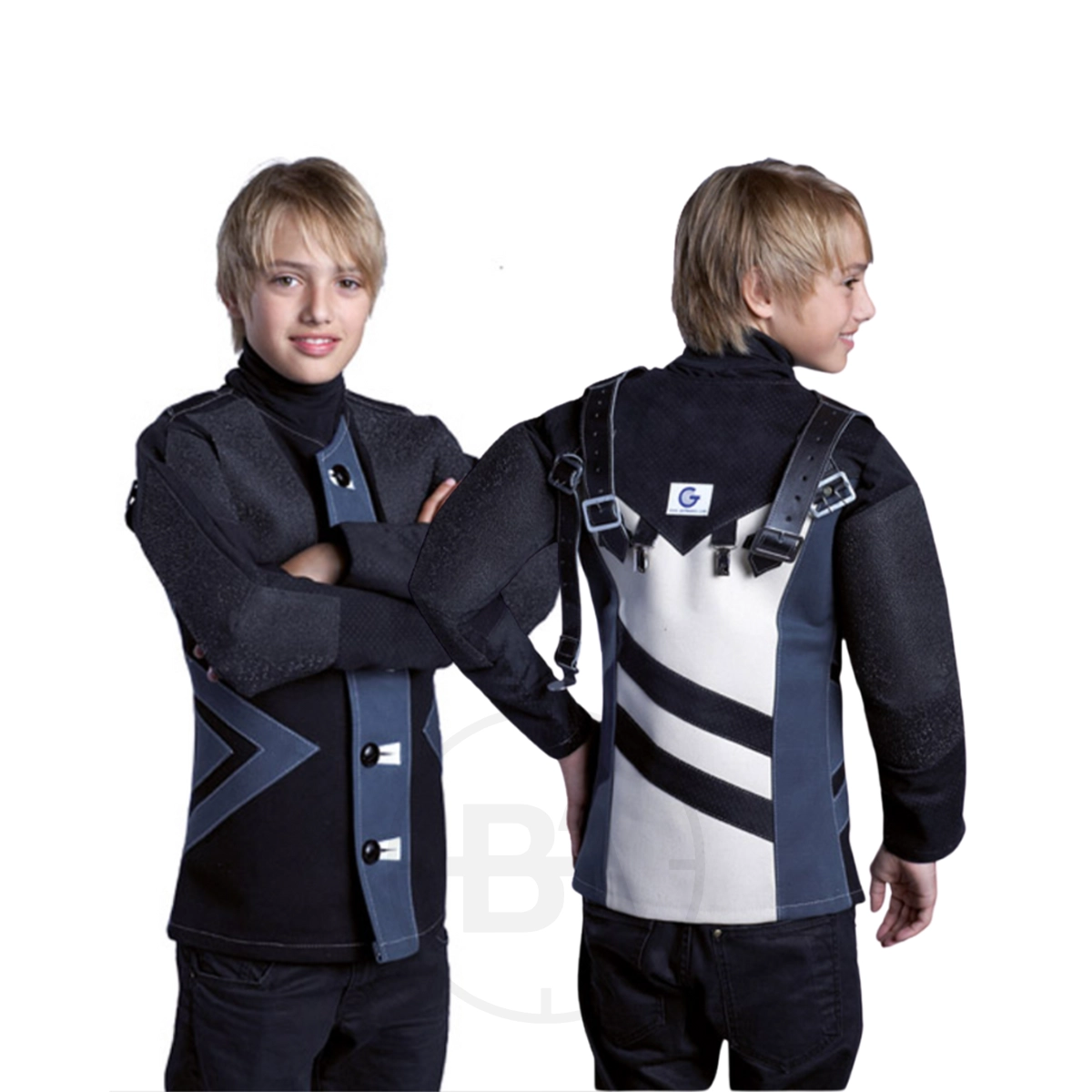 Gehmann Junior Double Canvas Club Jacket 1 Two boys model the Gehmann Junior Double Canvas Jacket, displaying front and back views of this black and gray shooting jacket with geometric patterns.