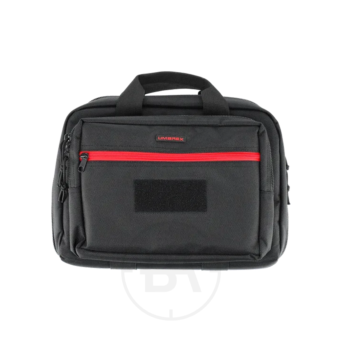 Umarex Double Pistol Case 1 The Umarex Double Pistol Case is a black, rectangular case with two handles, a red-accented front zip pocket, small logo above the zip, and extra compartments and zips for organised storage.